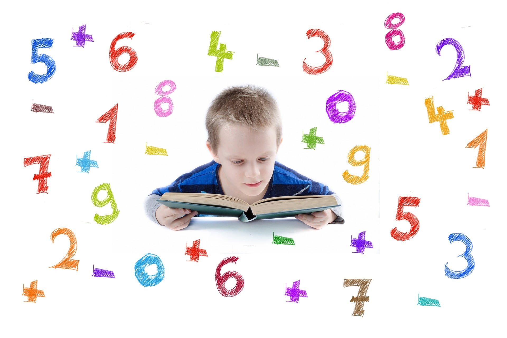 Chłopiec, który czyta książkę, wokół niego cyfry od 1 do 9 i znaki +, -