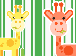 Dwie wesołe żyrafy w kolorze pomarańczowym i żółtym