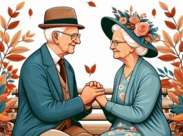 Babcia i dziadek siedzą na ławce i trzymają się za ręce