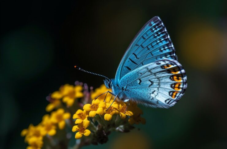 niebieski motyl na żółtym kwiatku